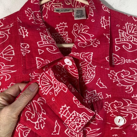 Womens Units Tribal Linen Button Shirt Jacket Red White M Linen - Picture 3 of 9